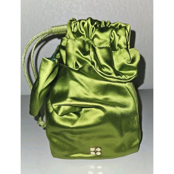 Rare Kate Spade Bombonera Drawstring Pouch Handbag Green Satin With Bow Detail - Picture 5 of 12